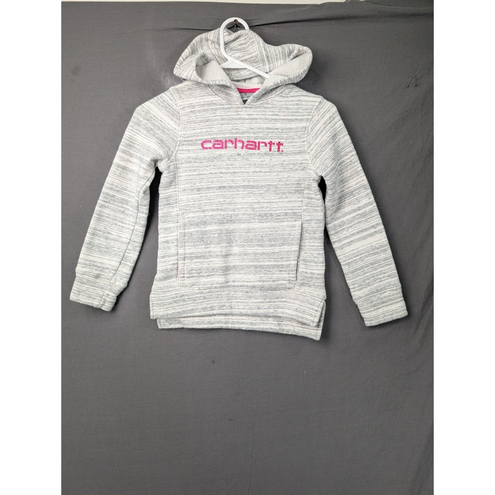 Carhartt Girls Gray Space Dye Fleece Lined Pullover Hoodie Pink Logo 6186